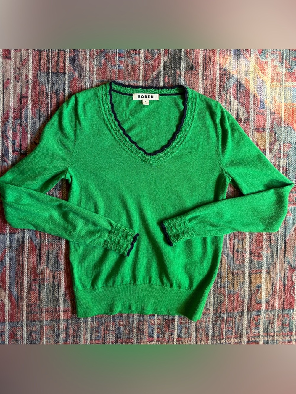 Boden XS 100% Wool Green Lace Knit Trim Sweater